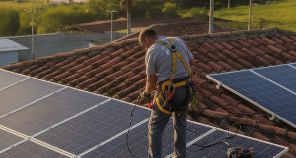 Técnico instalando paneles solares en un techo